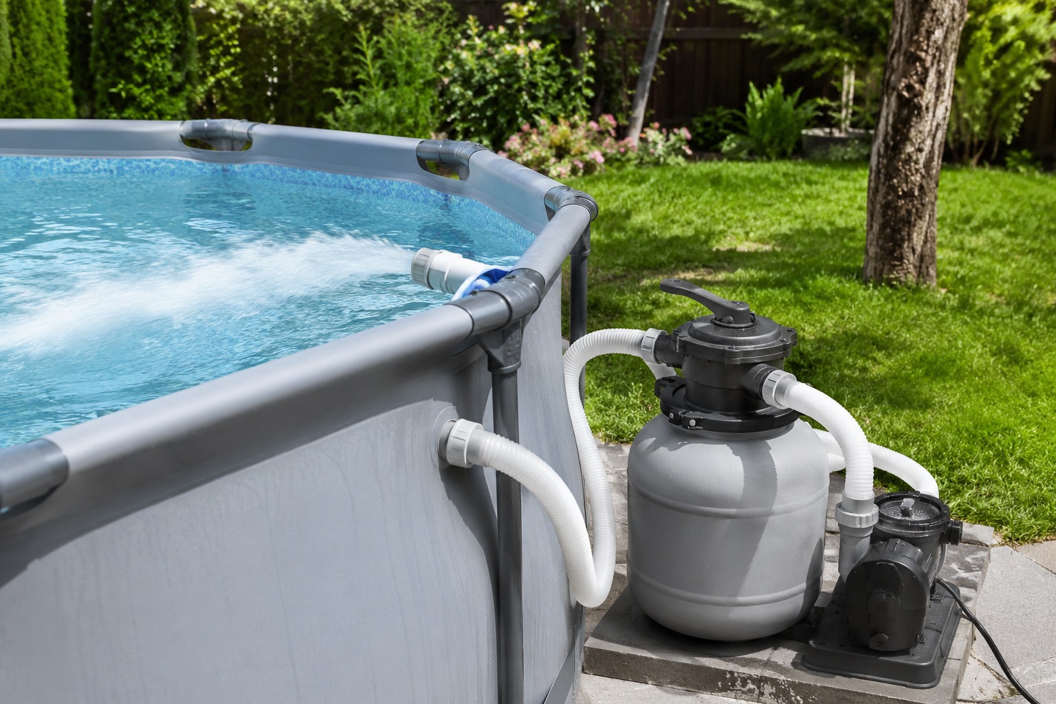 Depuradora funcionando en una piscina desmontable