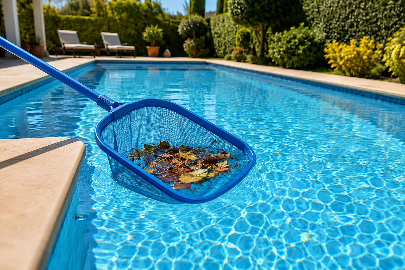 Retirada de hojas al preparar piscina para verano