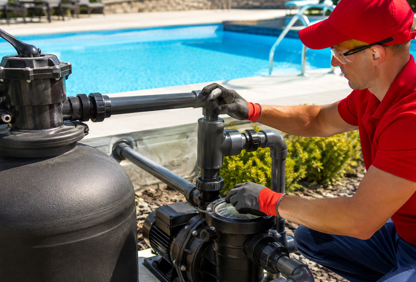 Técnico limpiando un filtro de piscina de forma segura