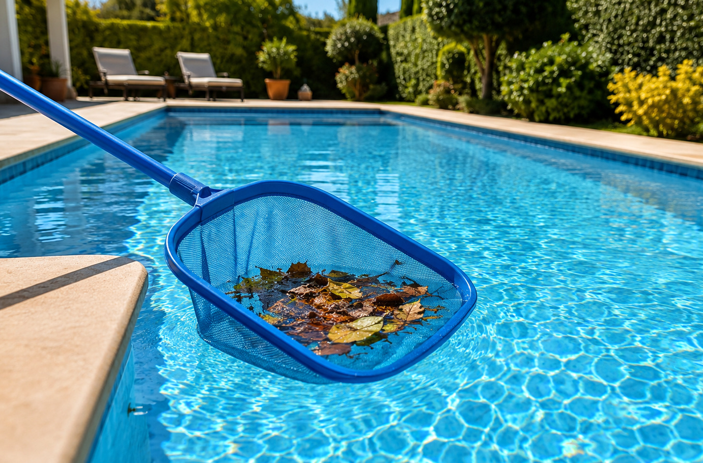 Red y herramientas para limpiar el fondo de una piscina