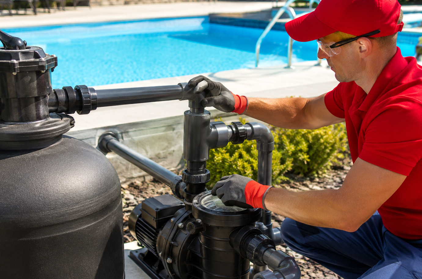 Técnico revisando bomba de piscina con poco caudal