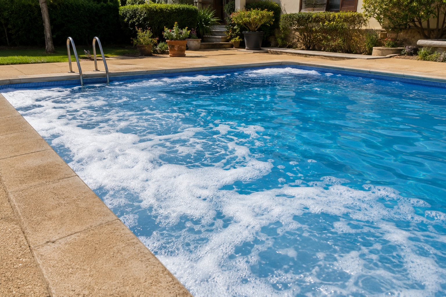 espuma en piscina en una piscina residencial