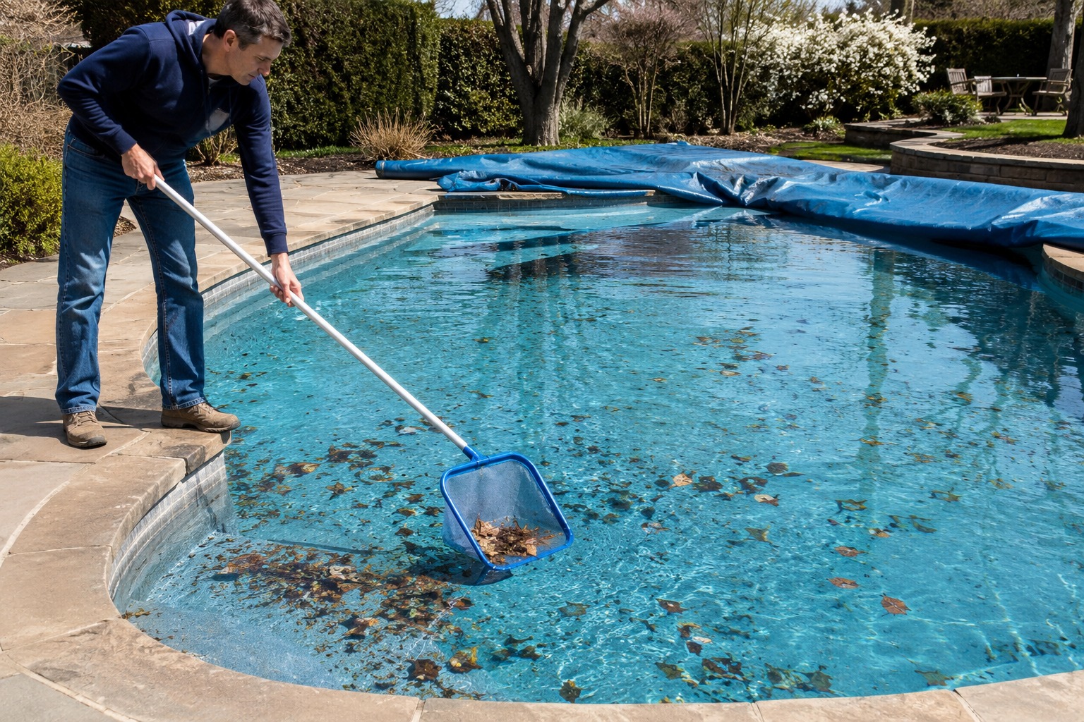 Piscina con agua verde por algas en un jardín residencial