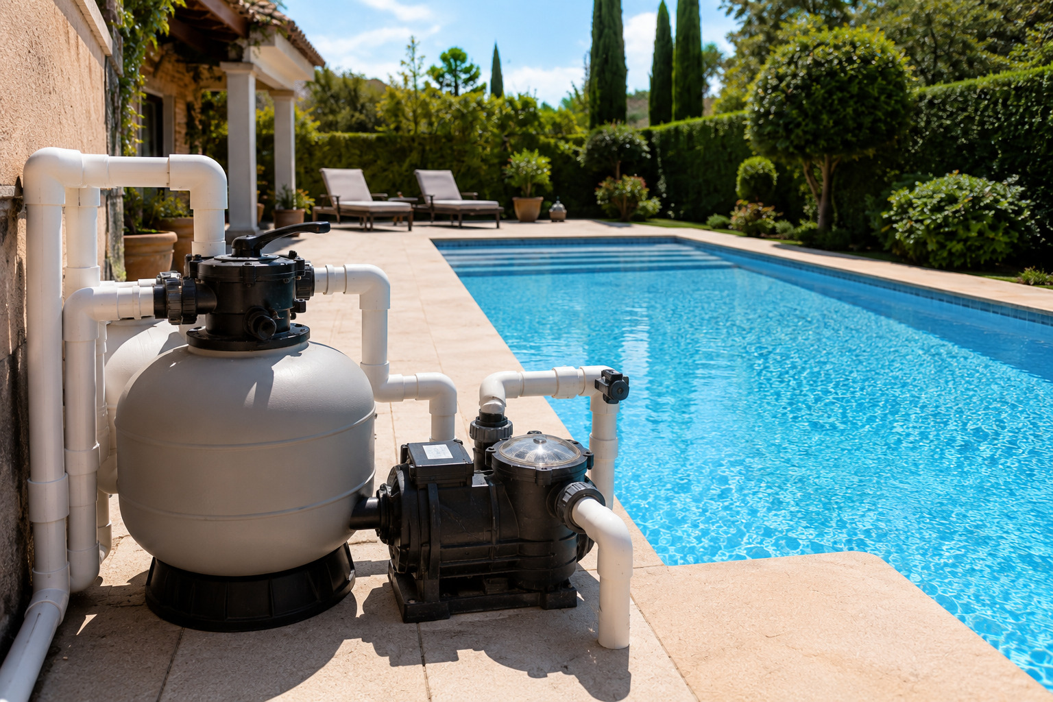 Depuradora de piscina con bomba y filtro instalada junto al vaso