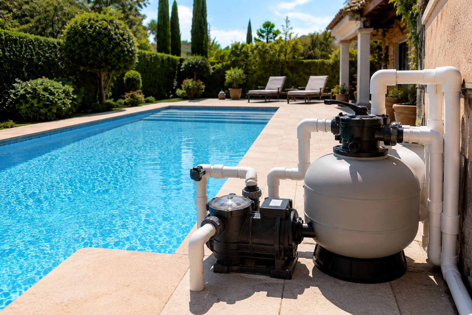 Sistema de depuradora funcionando en una piscina residencial