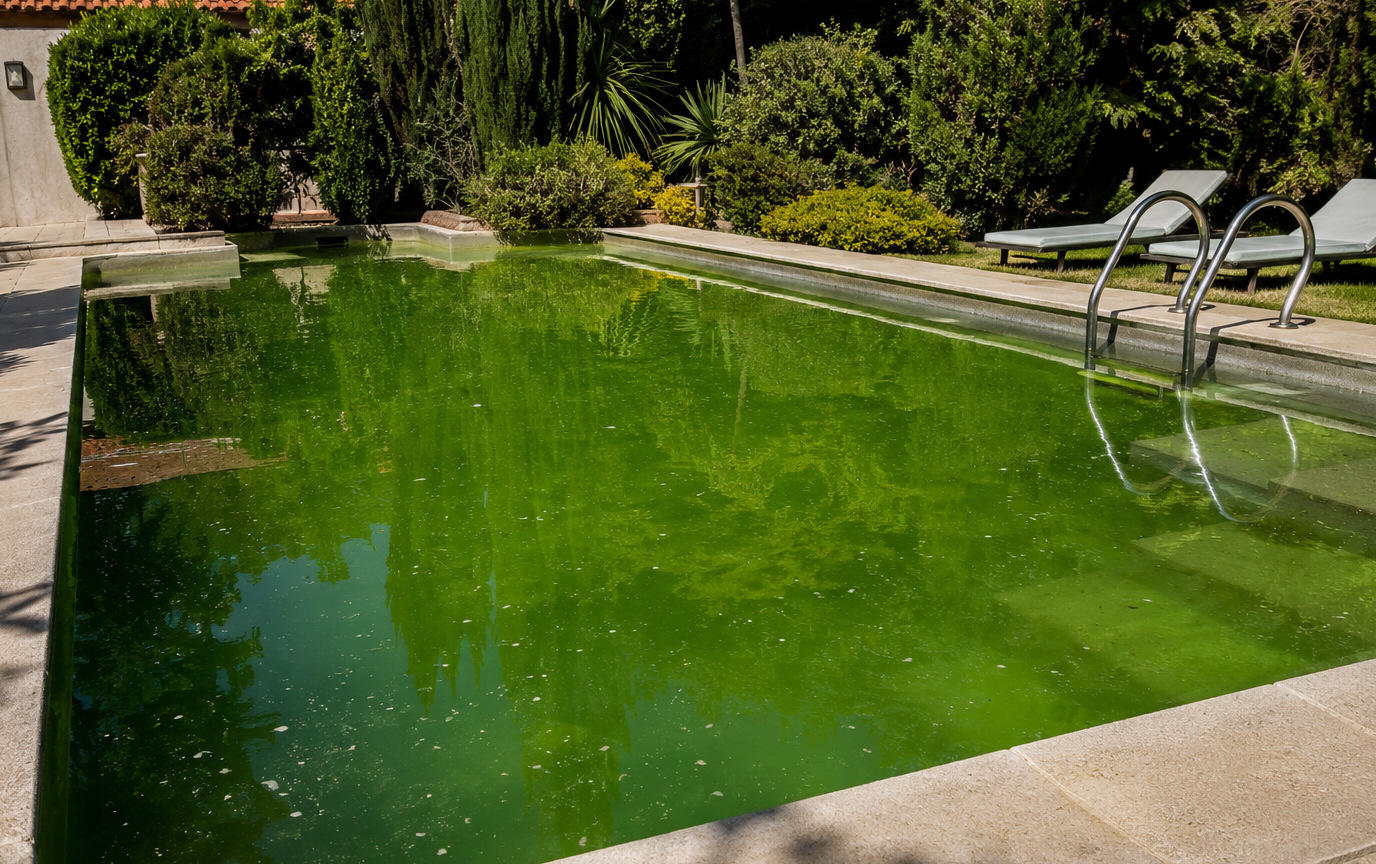 Piscina con agua en proceso de aclarado mediante filtración